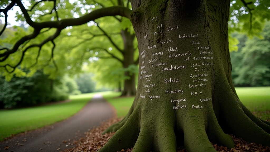 Ancient beech tree with carved signatures of famous writers and artists, woodland setting, historic autograph tree at Coole Park