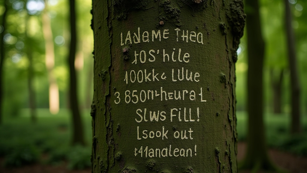 Historic beech tree trunk with carved initials and names visible in the bark, surrounded by forest