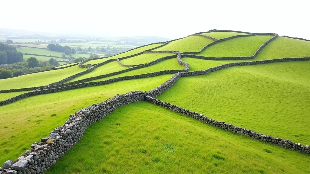 Ancient stone field walls stretching across East Galway countryside