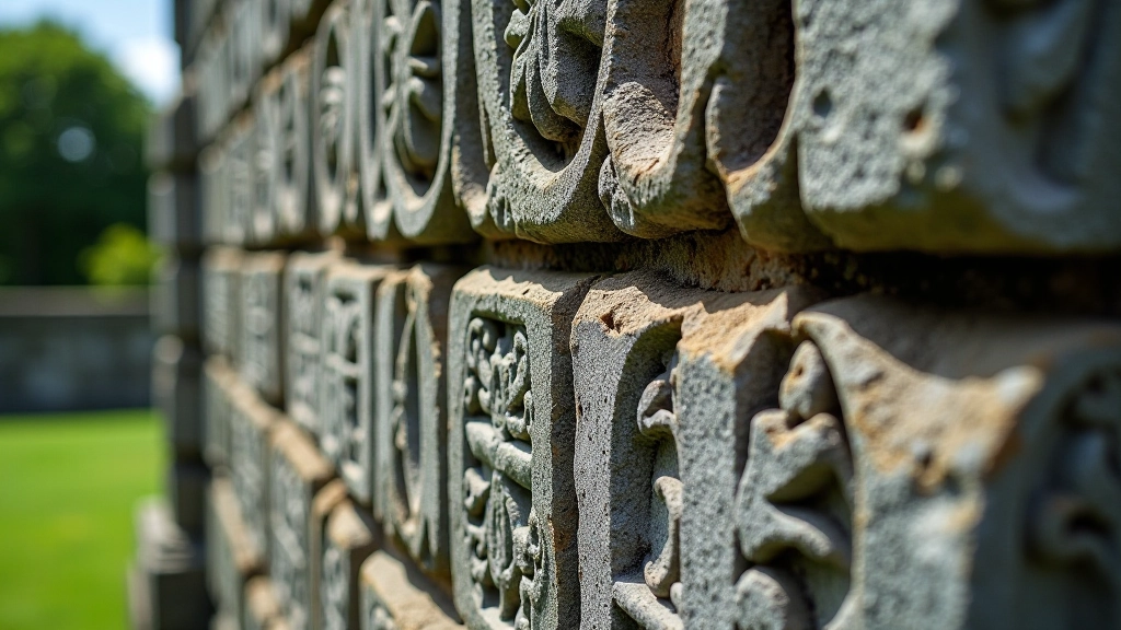Close-up of ancient weathered stone with carved details from historic fortification