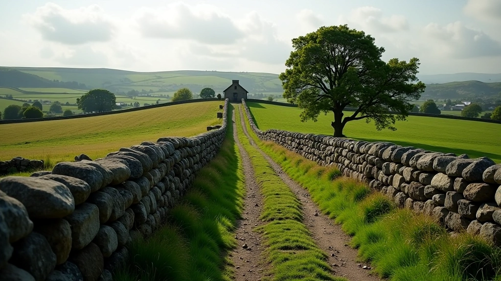 Ancient stone wall running through rural Galway landscape, dividing fields