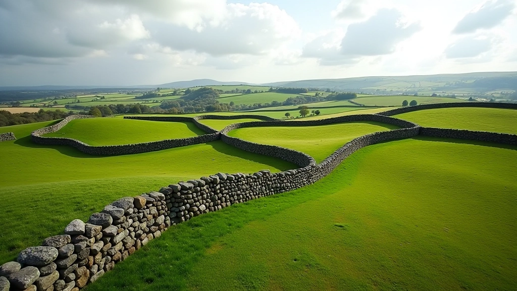 Ancient stone walls creating field divisions across East Galway countryside