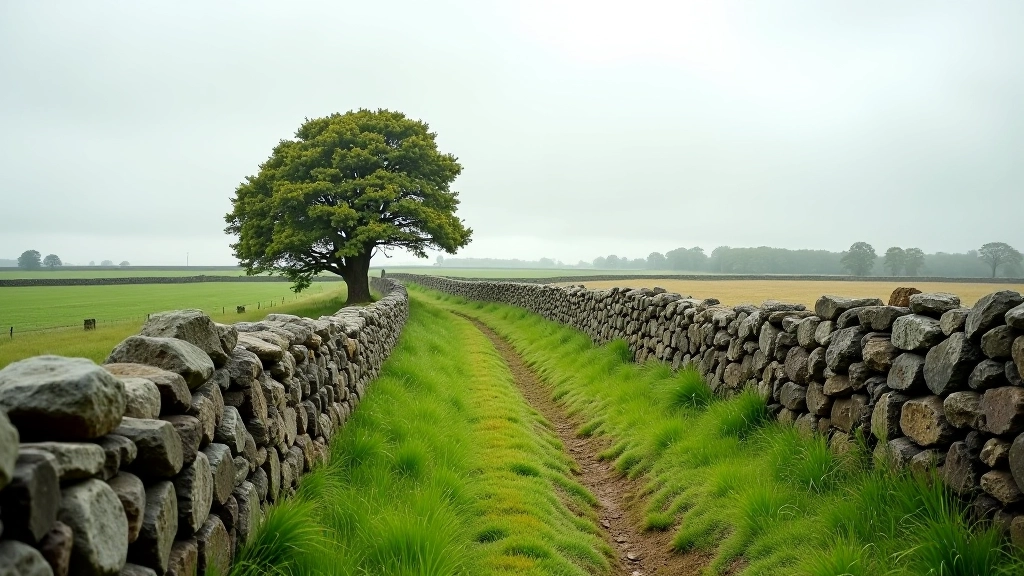 Ancient stone walls in rural field landscape showing walled field heritage