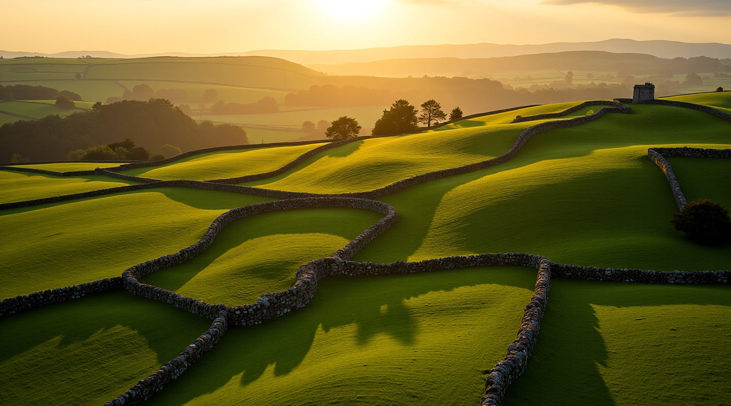 Ancient walled fields stretching across the green Irish countryside, stone boundaries visible across rolling farmland, golden hour light casting long shadows