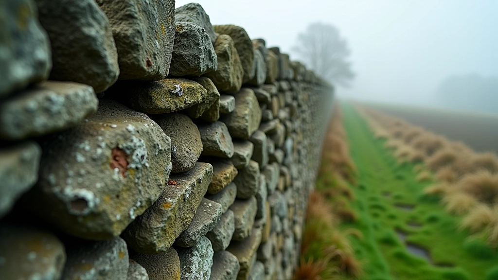 Close-up detail of ancient stone wall construction showing carefully fitted stones weathered by centuries, moss and lichen covering the surface, misty farmland visible beyond