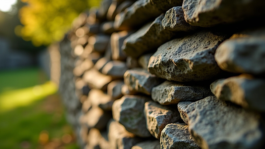 Close-up of ancient stone wall construction showing traditional Irish dry stone building technique with weathered rocks