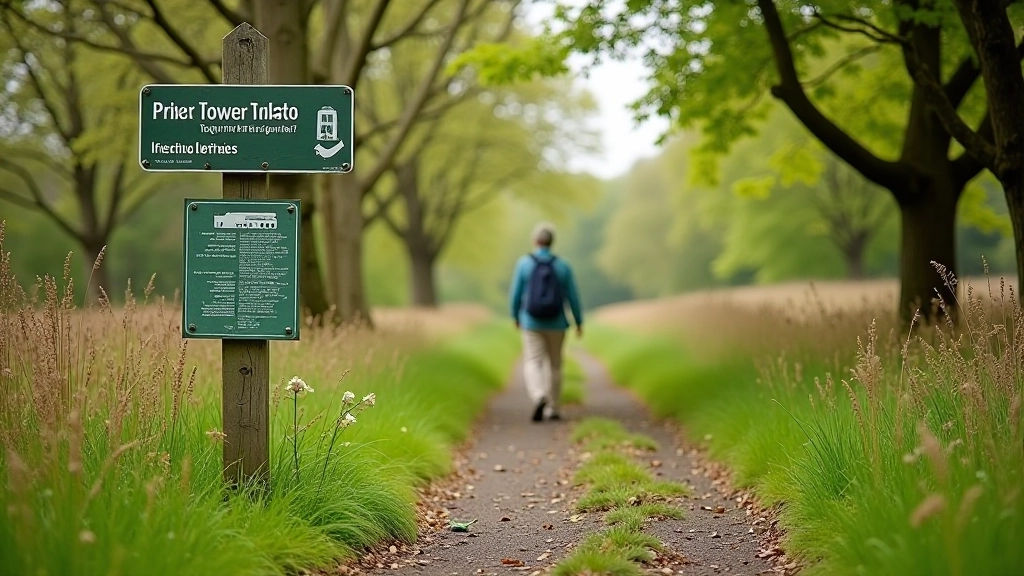Countryside walking trail with signage, proper footwear on path, planning and preparation for outdoor heritage walks