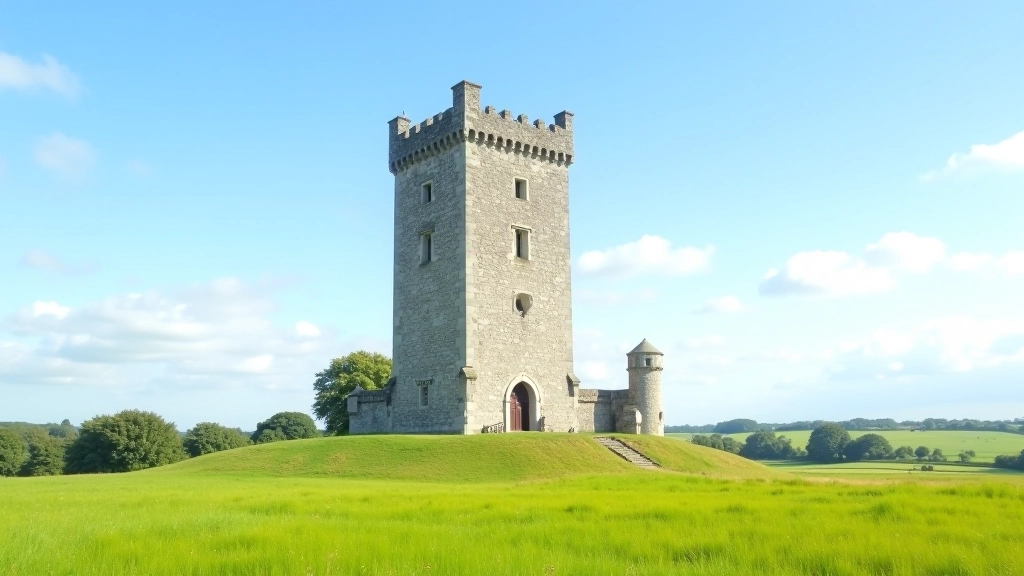 Exterior view of tower from surrounding countryside showing restored battlements and full structure against sky