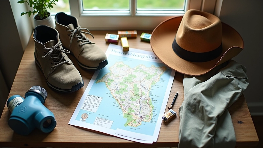 Overhead view of packed backpack with water bottle, hiking boots, jacket, and trail map on wooden surface