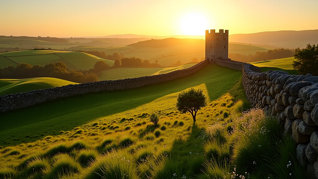 Golden hour sunlight illuminating ancient stone walls casting dramatic shadows across rolling green fields, wildflowers blooming along wall base, warm evening light