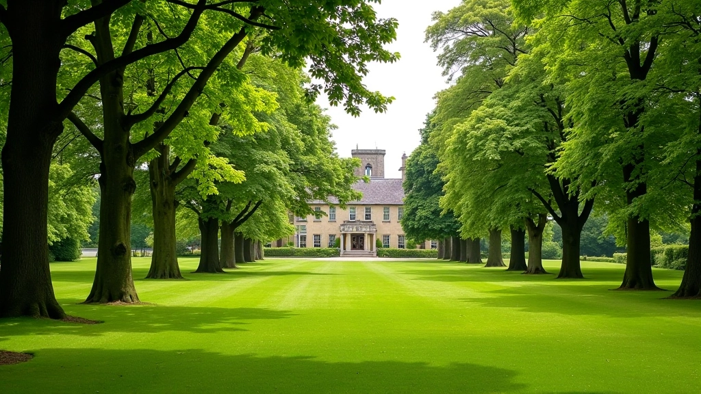 Scenic view of Coole Park estate with rolling grounds, mature trees and peaceful garden landscape
