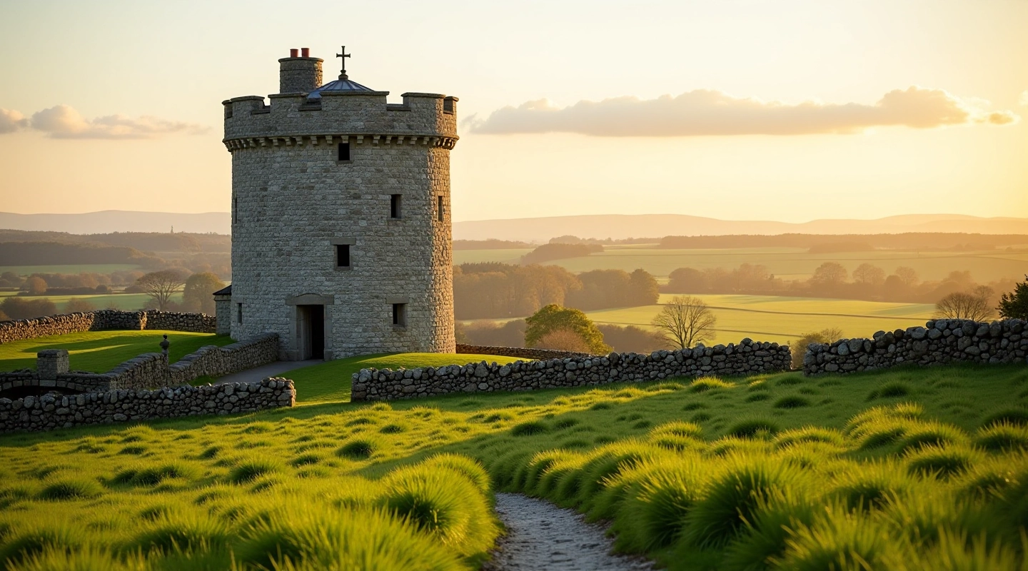 Historic stone tower surrounded by green countryside in County Galway