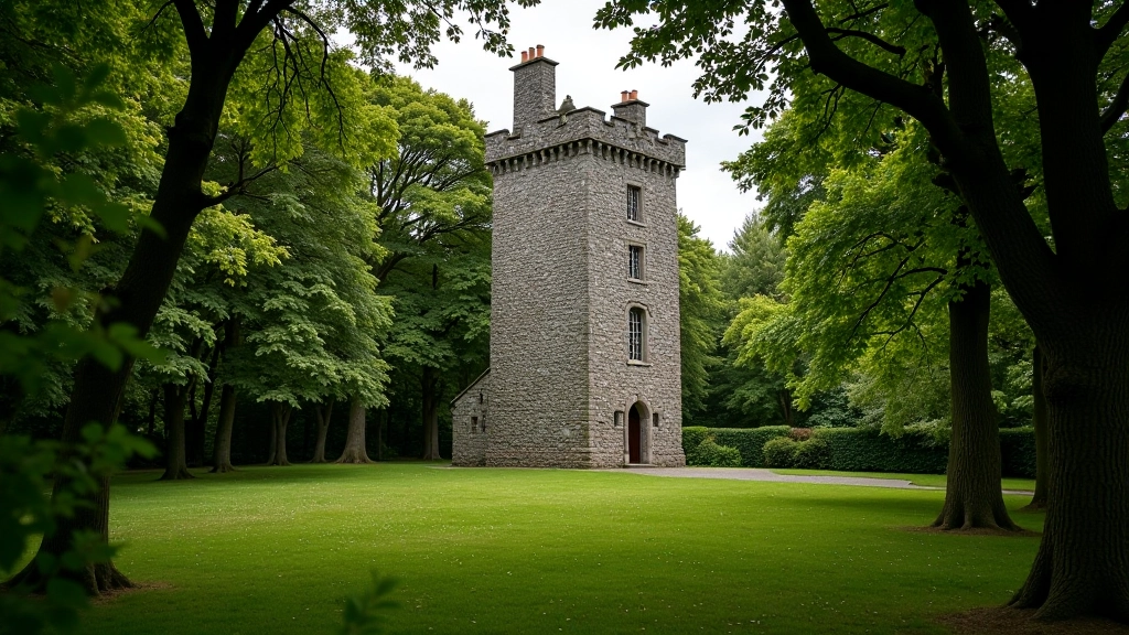 Historic Thoor Ballylee stone tower surrounded by trees