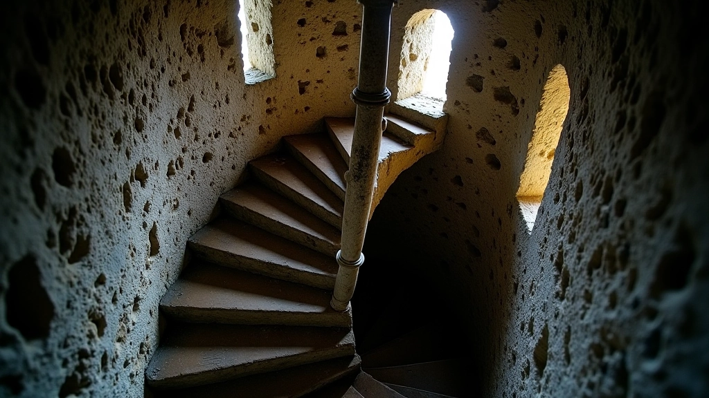Interior stone spiral staircase with narrow window openings typical of medieval tower construction