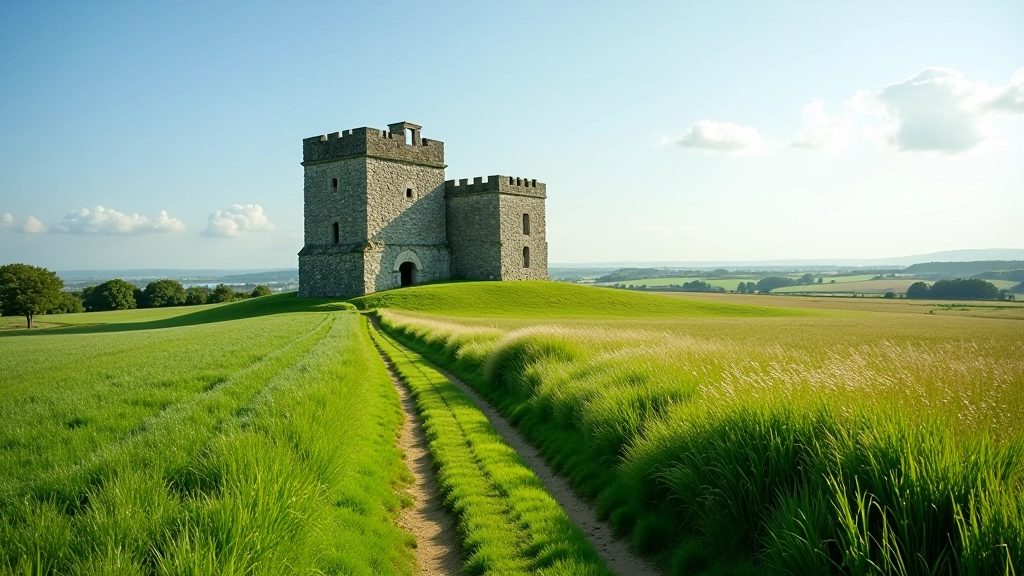 Historic stone tower surrounded by green fields with walking path visible through countryside landscape