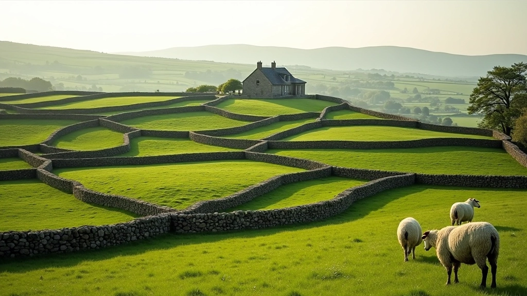 Pastoral landscape with weathered stone walls dividing fields into geometric patterns, sheep grazing peacefully, old stone cottage visible in the distance, soft Irish light