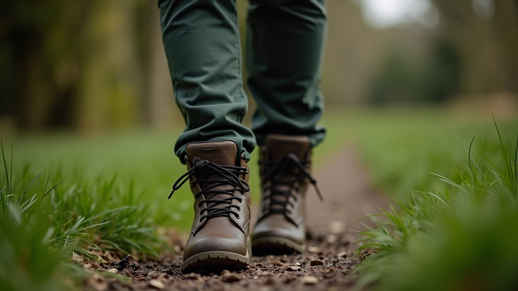 Person preparing for heritage walk with proper footwear and equipment