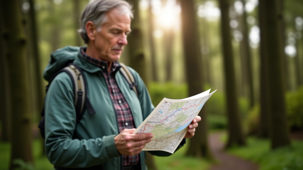 Person preparing hiking gear and checking map for heritage walk route planning