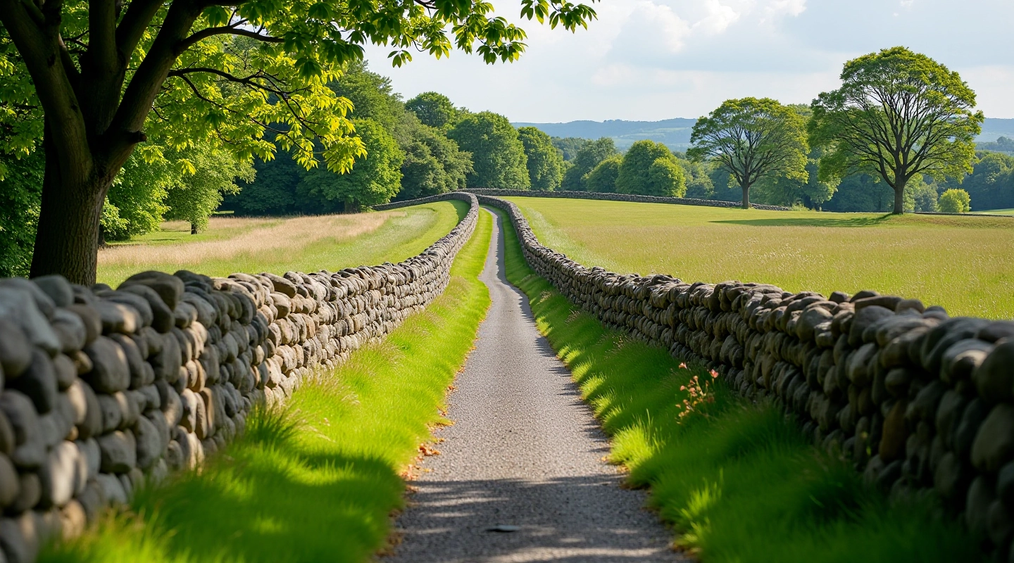 Scenic heritage walking path through historic Galway countryside with stone walls and green fields