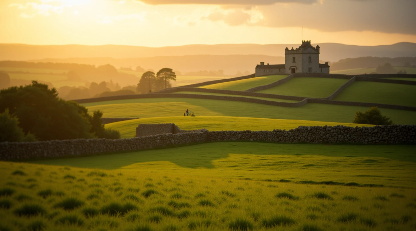 Beautiful Irish heritage landscape with historic tower and walled fields