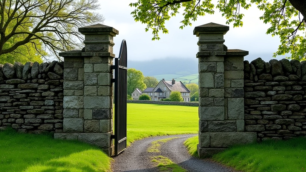 Stone wall gateway with traditional Irish field gate, stone pillars on either side, lush green fields beyond, stone farmhouse visible through the opening