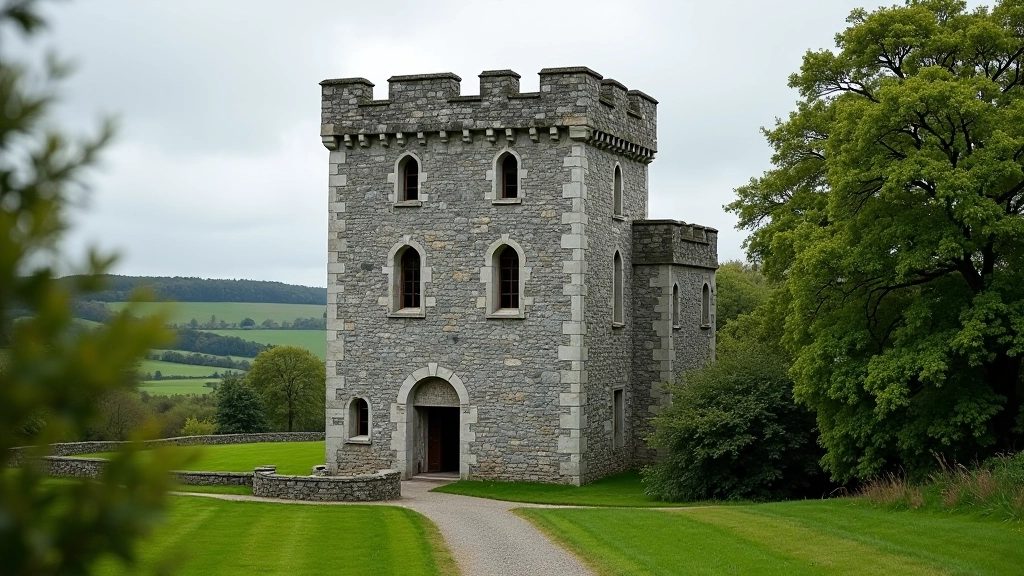 Thoor Ballylee restored Norman tower with crenellated top, surrounded by Irish countryside, traditional stone tower structure