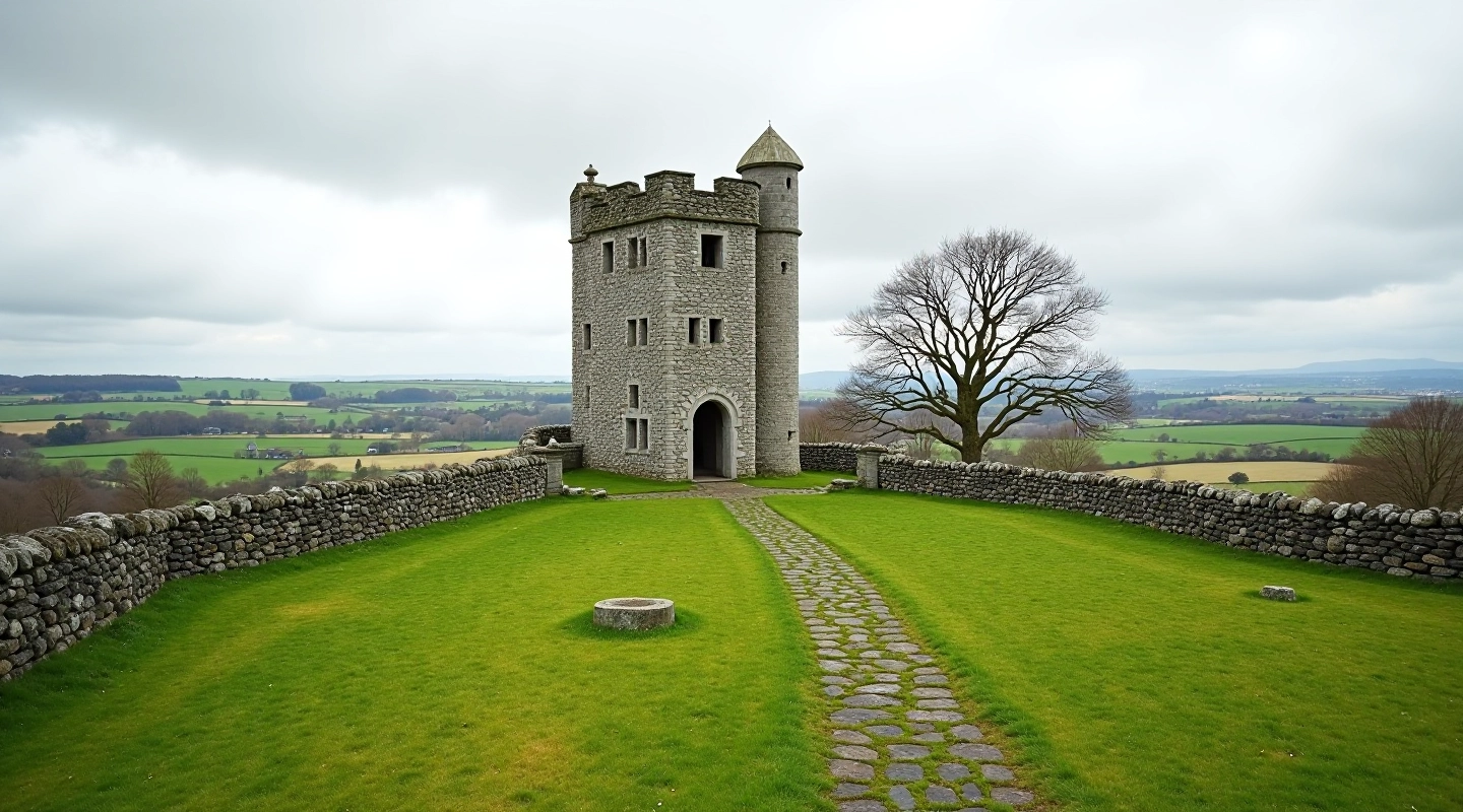 Thoor Ballylee stone tower with restored battlements overlooking countryside