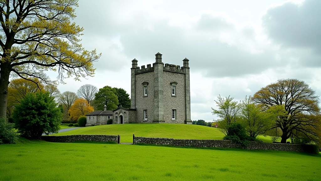 Thoor Ballylee tower house exterior, restored stone structure rising from green countryside