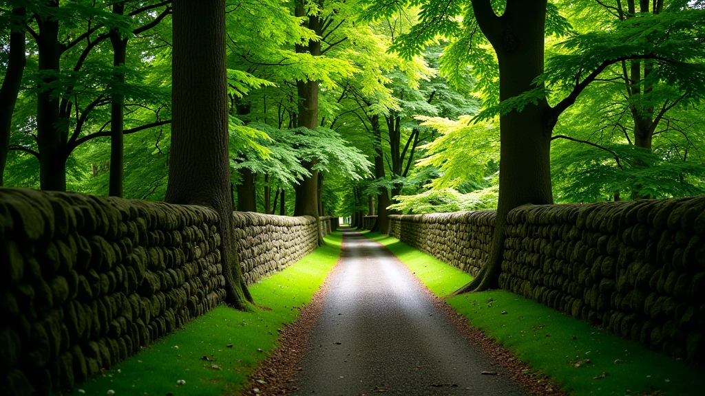 Woodland path with natural stone walls running through green forest, dappled light through trees